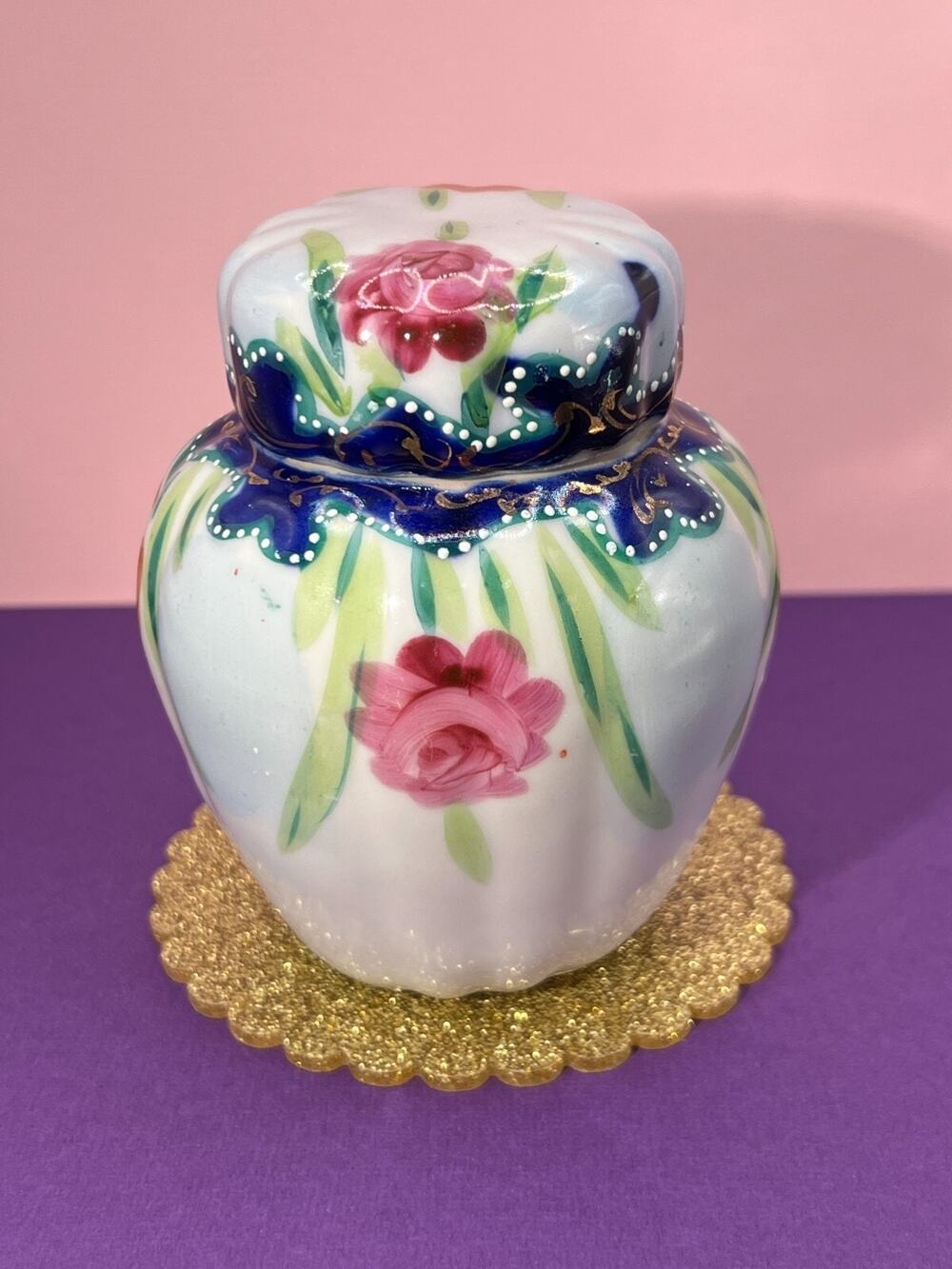 Ginger Jar w/Lid Floral Golden Tone Accents Hand Painted 4in